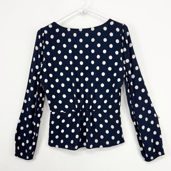 J. Crew Navy Blue White Polka Dot Crepe V Neck Button Front Peplum Blouse - Picture 11 of 16